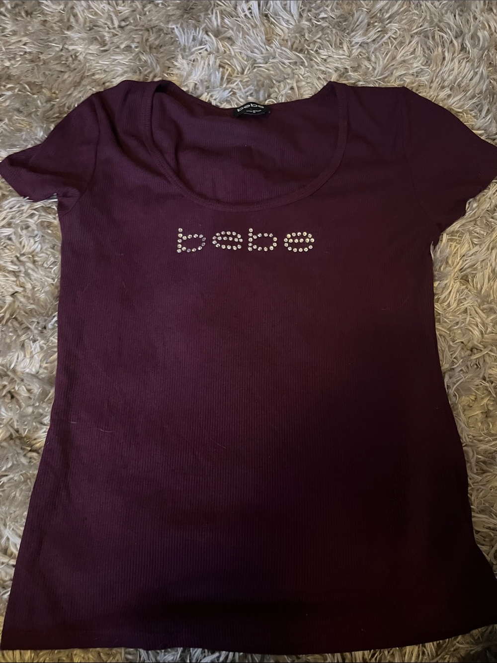 bebe Short Sleeve Scoop Neck Top in Plum Purple with Logo Rhinestones